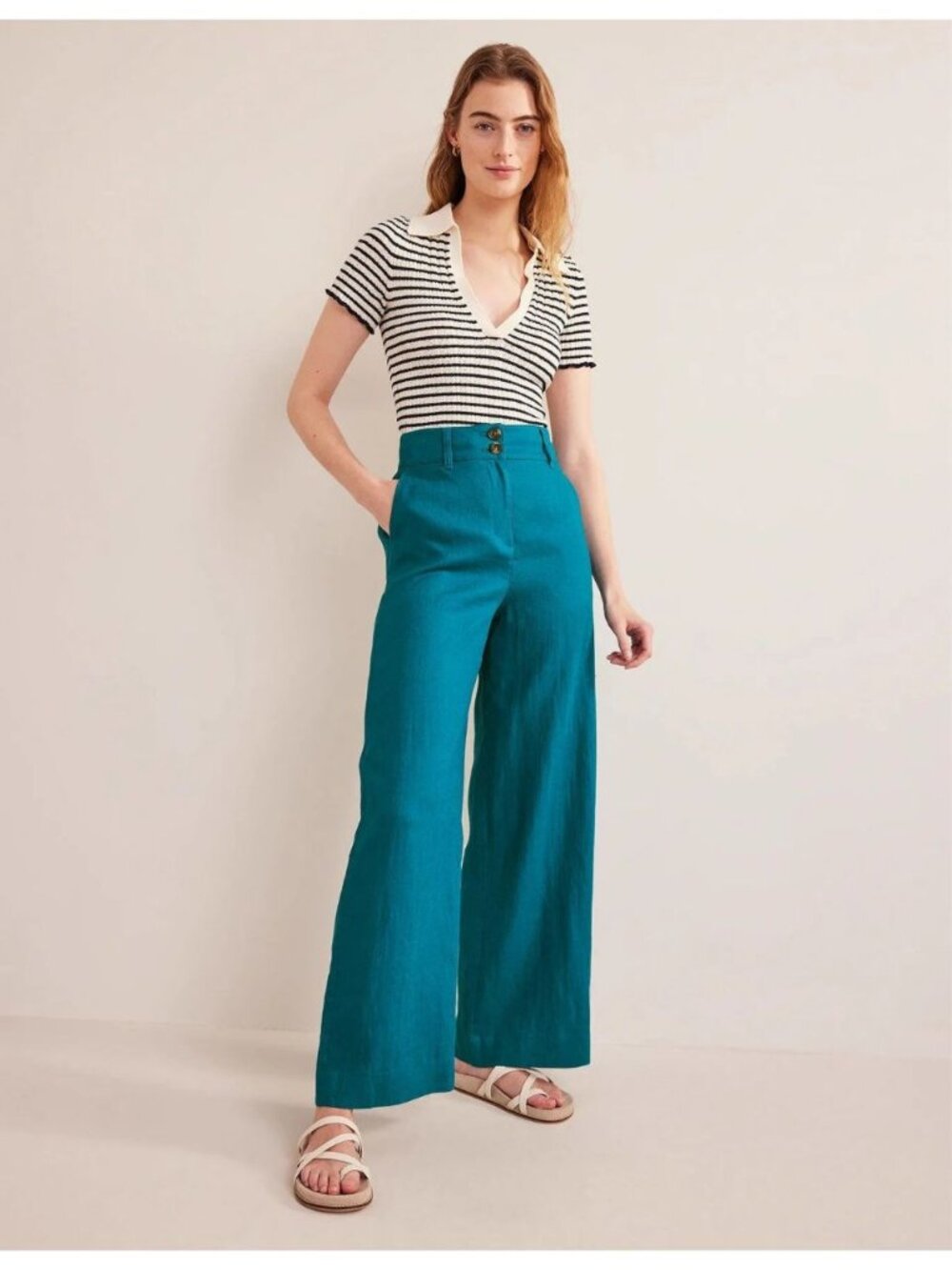 Boden Women 12 Highbury Linen Trouser Pant Wide Leg Crystal Teal High Waisted